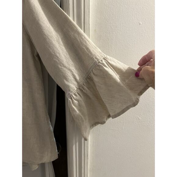 John Mark Beige Linen Tie Front Flare Sleeve Top Sz S - Picture 2 of 6